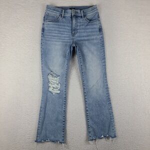 EXPRESS Jeans Women 8 Blue Cropped Flare High Rise Hyper Stretch Fray Light Wash
